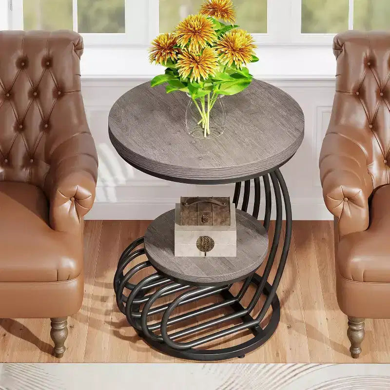 Mesa auxiliar redonda Lantine de 2 niveles, mesa auxiliar con estante de almacenamiento, mesa auxiliar con estructura de metal en forma de arco para sala de estar, dormitorio