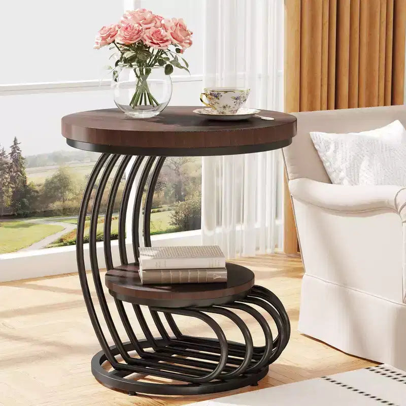 Mesa auxiliar redonda Lantine de 2 niveles, mesa auxiliar con estante de almacenamiento, mesa auxiliar con estructura de metal en forma de arco para sala de estar, dormitorio