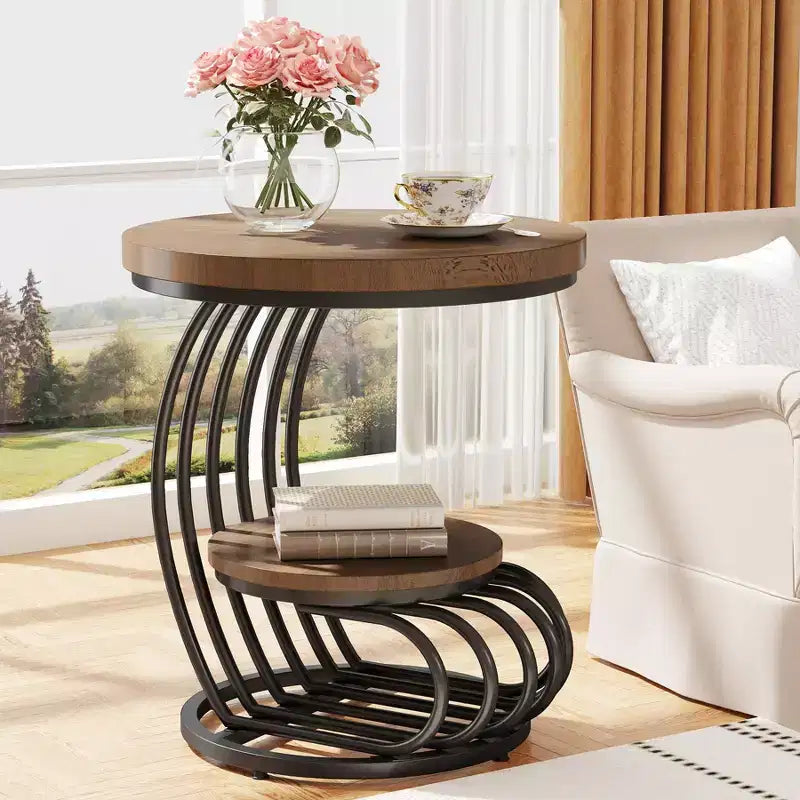 Mesa auxiliar redonda Lantine de 2 niveles, mesa auxiliar con estante de almacenamiento, mesa auxiliar con estructura de metal en forma de arco para sala de estar, dormitorio