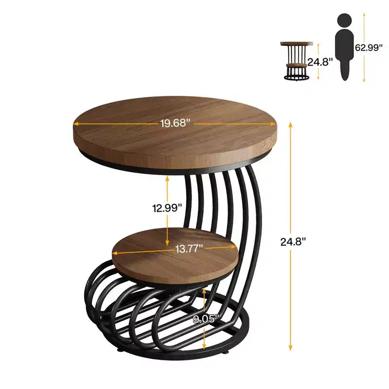 Mesa auxiliar redonda Lantine de 2 niveles, mesa auxiliar con estante de almacenamiento, mesa auxiliar con estructura de metal en forma de arco para sala de estar, dormitorio