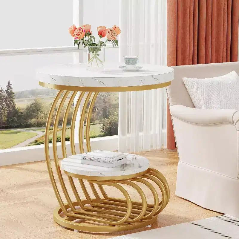 Mesa auxiliar redonda Lantine de 2 niveles, mesa auxiliar con estante de almacenamiento, mesa auxiliar con estructura de metal en forma de arco para sala de estar, dormitorio