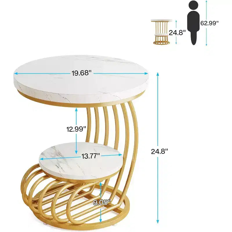 Mesa auxiliar redonda Lantine de 2 niveles, mesa auxiliar con estante de almacenamiento, mesa auxiliar con estructura de metal en forma de arco para sala de estar, dormitorio