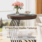 Mesa auxiliar redonda Lantine de 2 niveles, mesa auxiliar con estante de almacenamiento, mesa auxiliar con estructura de metal en forma de arco para sala de estar, dormitorio