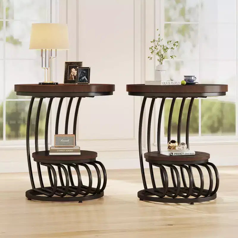 Mesa auxiliar redonda Lantine de 2 niveles, mesa auxiliar con estante de almacenamiento, mesa auxiliar con estructura de metal en forma de arco para sala de estar, dormitorio