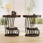 Mesa auxiliar redonda Lantine de 2 niveles, mesa auxiliar con estante de almacenamiento, mesa auxiliar con estructura de metal en forma de arco para sala de estar, dormitorio