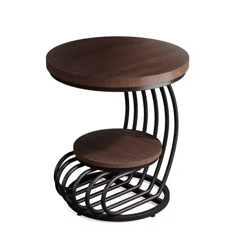 Mesa auxiliar redonda Lantine de 2 niveles, mesa auxiliar con estante de almacenamiento, mesa auxiliar con estructura de metal en forma de arco para sala de estar, dormitorio