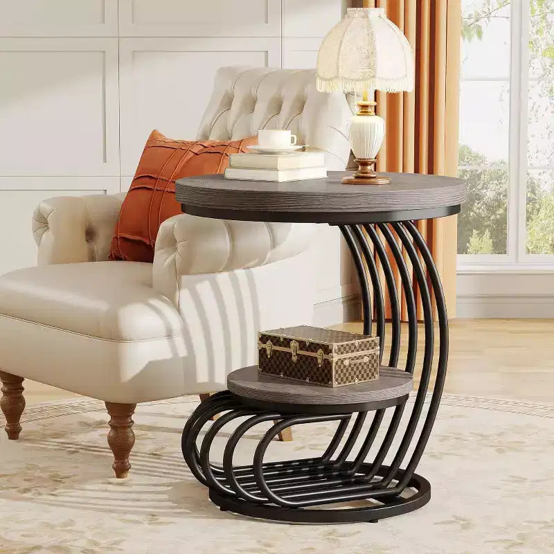 Mesa auxiliar redonda Lantine de 2 niveles, mesa auxiliar con estante de almacenamiento, mesa auxiliar con estructura de metal en forma de arco para sala de estar, dormitorio