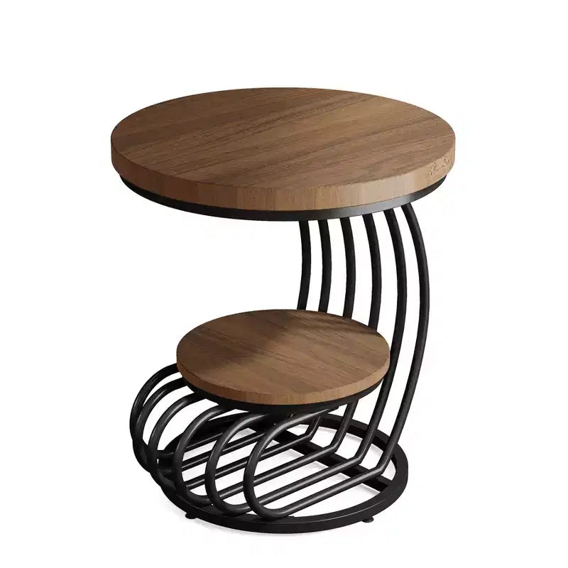 Mesa auxiliar redonda Lantine de 2 niveles, mesa auxiliar con estante de almacenamiento, mesa auxiliar con estructura de metal en forma de arco para sala de estar, dormitorio