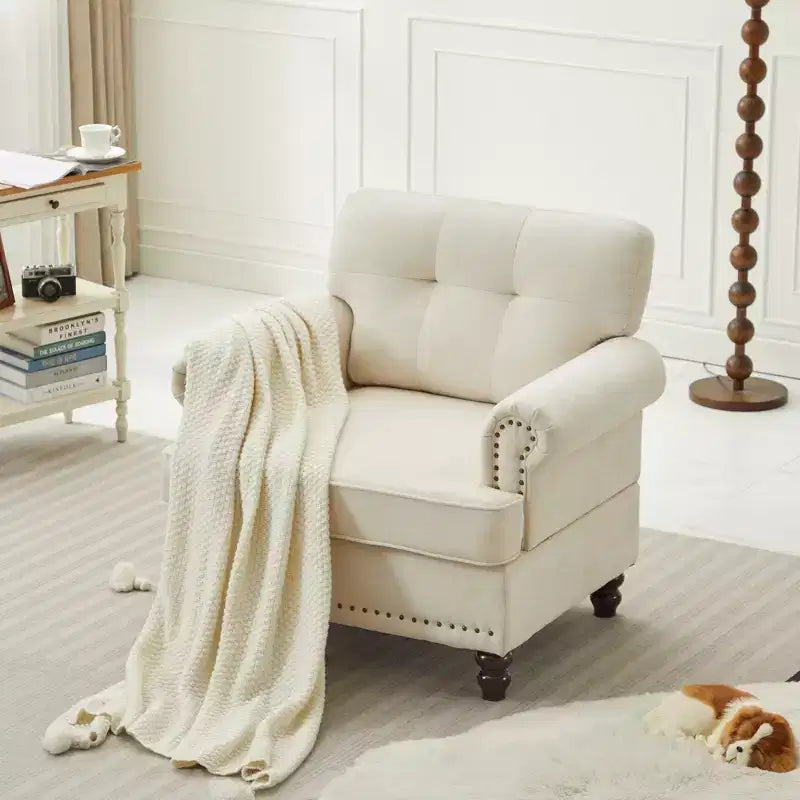 Sillón decorativo de chenilla con respaldo capitoné Hyleory, silla con reposabrazos para sala de estar, dormitorio u oficina