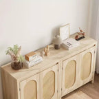 Armario de almacenamiento de ratán, aparador de madera con puertas y estantes, armario consola pequeño con almacenamiento para recibidor, beige