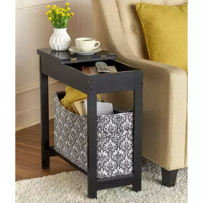 Mesa auxiliar Lakeside Collection con cubo de almacenamiento con estampado moderno - Madera con cesta de tela