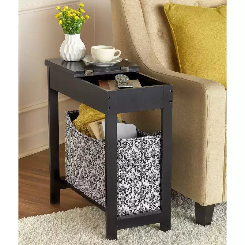 Mesa auxiliar Lakeside Collection con cubo de almacenamiento con estampado moderno - Madera con cesta de tela