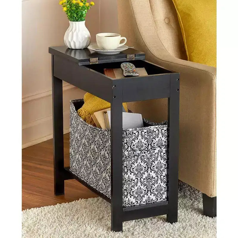 Mesa auxiliar Lakeside Collection con cubo de almacenamiento con estampado moderno - Madera con cesta de tela