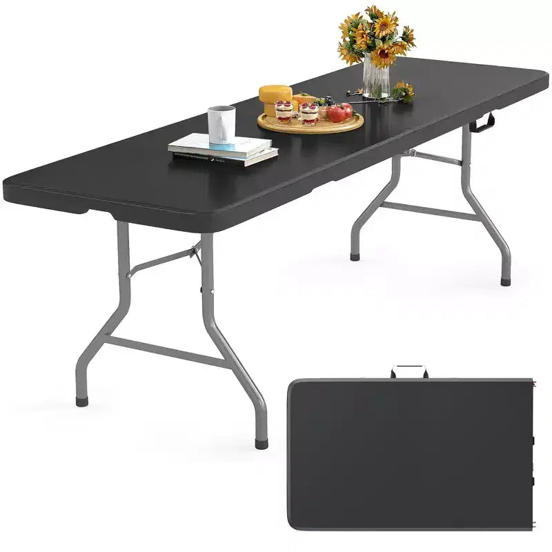 8 Foot Portable Folding Table HDPE Plastic Indoor Outdoor Fold-in-Half Black Seats 10 to 12