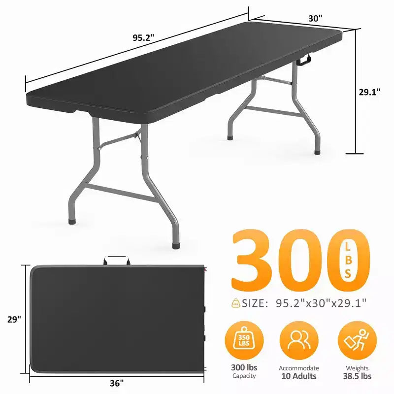 Mesa Plegable Portátil de 8 pies, Plástico HDPE, para Interiores y Exteriores, se Dobla por la Mitad, Negra, con Capacidad para 10 a 12 personas