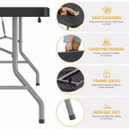 Mesa Plegable Portátil de 8 pies, Plástico HDPE, para Interiores y Exteriores, se Dobla por la Mitad, Negra, con Capacidad para 10 a 12 personas