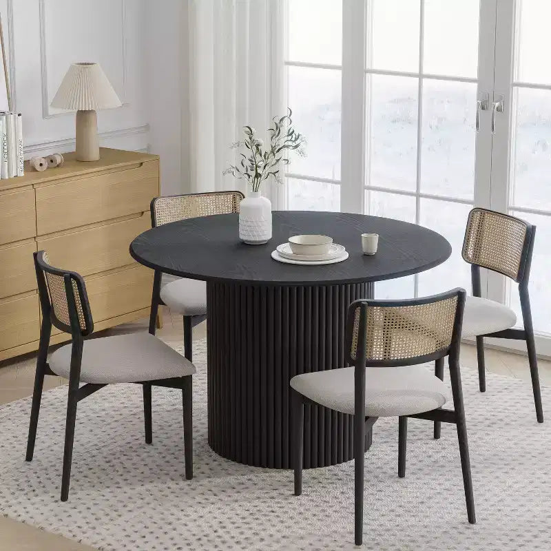 Dovelina 46 Mesa de comedor redonda negra de madera artificial Mesa de cocina Base de diseño Mesa de comedor personalizada para 4 personas