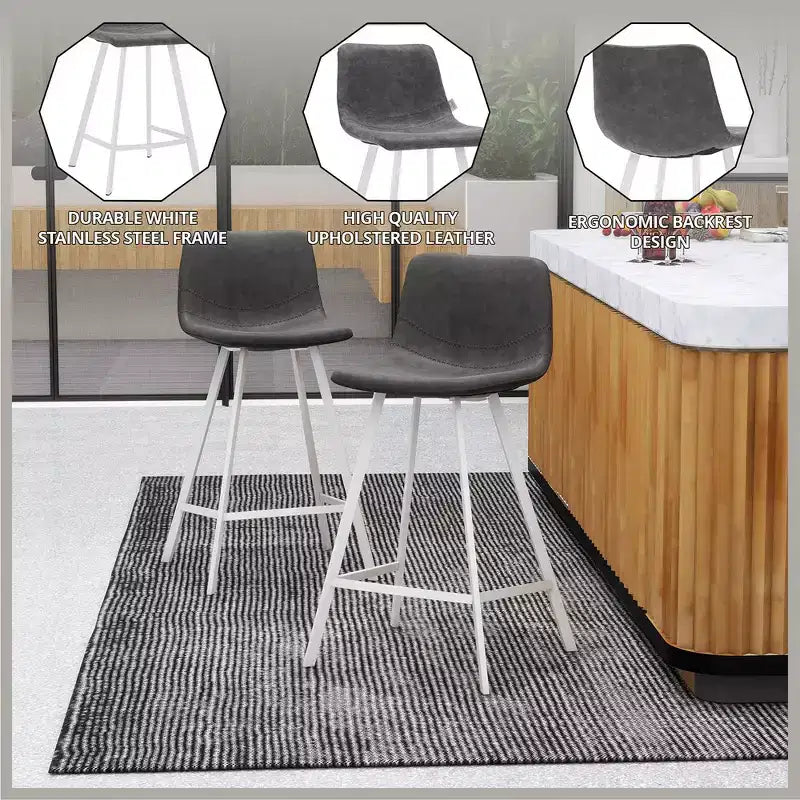 LeisureMod Elland 35 Taburete de Bar Tapizado en Piel con Base Blanca de Acero Inoxidable - Taburete Moderno de Altura de Encimera para Cocina, Bar y Pub