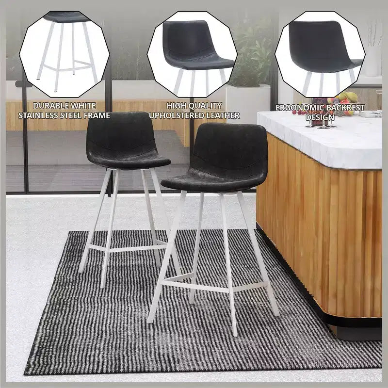 LeisureMod Elland 35 Taburete de Bar Tapizado en Piel con Base Blanca de Acero Inoxidable - Taburete Moderno de Altura de Encimera para Cocina, Bar y Pub