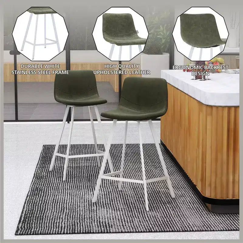 LeisureMod Elland 35 Taburete de Bar Tapizado en Piel con Base Blanca de Acero Inoxidable - Taburete Moderno de Altura de Encimera para Cocina, Bar y Pub