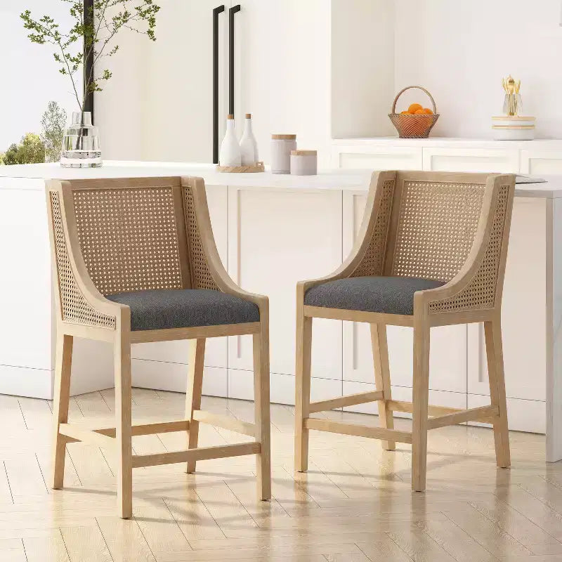 GDFStudio Deville Taburetes de mostrador de madera y caña tapizados de 25.5 pulgadas (juego de 2)